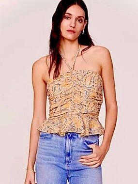 VERONICA BEARD Arienne Ruched Silk Paisley Bustier Peplum Crop Top 8 MSRP $400
